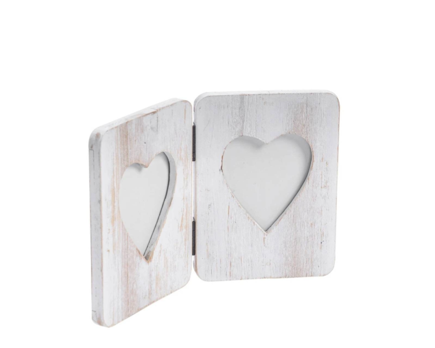 White Painted Driftwood Double Heart Rustic Hinged Photo Frame - Holding 2x 4 x 6 Photos