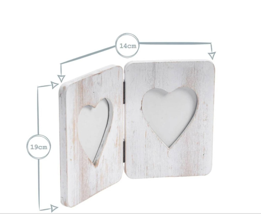 White Painted Driftwood Double Heart Rustic Hinged Photo Frame - Holding 2x 4 x 6 Photos