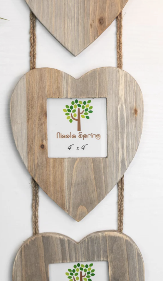 Triple Driftwood Heart shaped Photo picture Frame with Rustic rope. 4x4 Photos